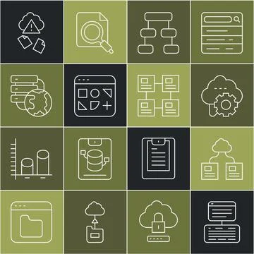 Set line Server, Data, Web Hosting, Cloud technology data transfer, Hierarchy Stock Illustration
