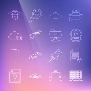 Set line Server, Data, Web Hosting, Unknown document, Police badge, UFO flying Stock Illustration