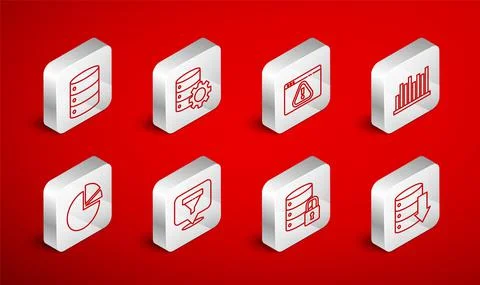 Set line Server, Data, Web Hosting, and gear, Browser with exclamation mark, Pie Stock Illustration