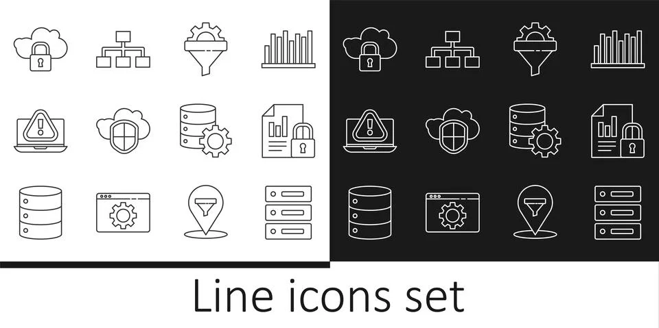 Set line Server, Data, Web Hosting, Document and lock, Sales funnel with gear 스톡 일러스트