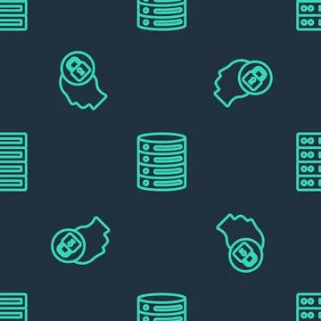 Set line Server, Data, Web Hosting, Human head with lock and on seamless pattern Stock Illustration