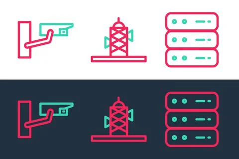 Set line Server, Data, Web Hosting, Security camera and Antenna icon. Vector Stock Illustration