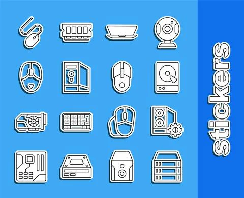 Set line Server, Data, Web Hosting, Case of computer, Hard disk drive HDD Illustrazione stock