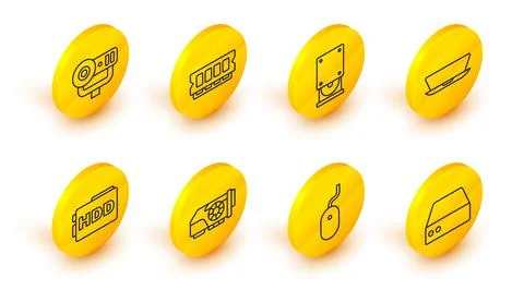 Set line Server, Data, Web Hosting, Computer mouse, Video graphic card, Hard Stock Illustration