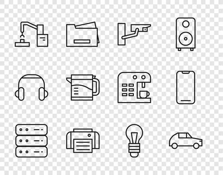 Set line Server, Data, Web Hosting, Car, Security camera, Printer, Robotic robot Stock Illustration