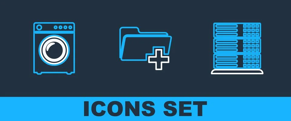 Set line Server, Data, Web Hosting, Washer and Add new folder icon. Vector Illustrazione stock