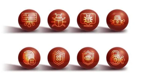 Set line Server, Data, Web Hosting, Cancelled fingerprint, Cyber security Illustrazione stock