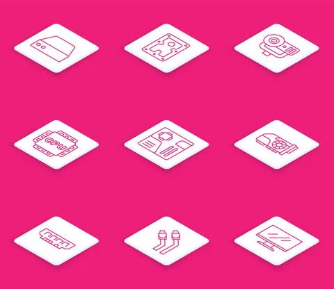 Set line Server, Data, Web Hosting, Hard disk drive HDD, camera, Processor with イラスト素材