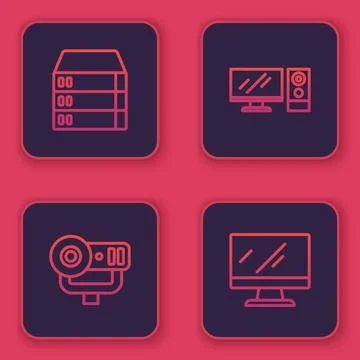 Set line Server, Data, Web Hosting, camera, Computer monitor and screen. Blue Stock Illustration