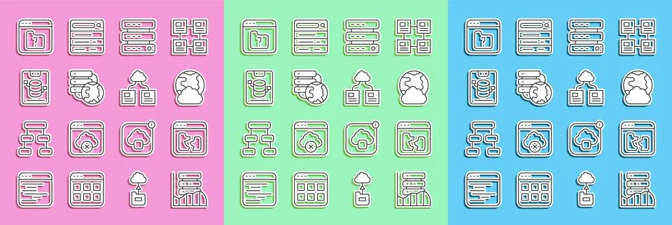 Set line Server, Data, Web Hosting, Broken file, Social network, Network cloud Illustrazione stock