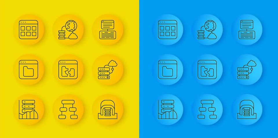 Set line Server, Data, Web Hosting, Browser files, Broken, Hangar with servers Stock Illustration
