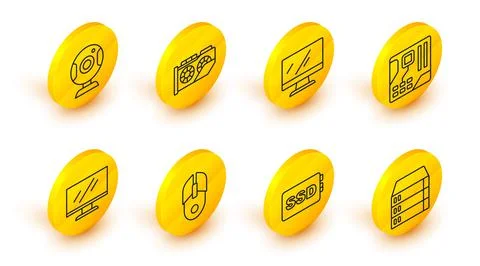 Set line Server, Data, Web Hosting, SSD card, Computer mouse, monitor screen 스톡 일러스트