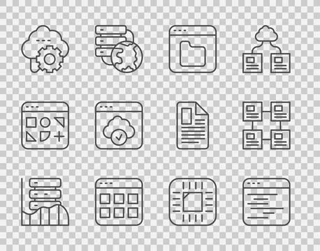 Set line Server, Data, Web Hosting, Software, Browser files, Cloud technology Stock Illustration
