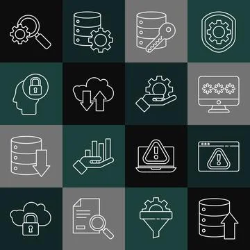 Set line Server, Data, Web Hosting, Browser with exclamation mark, Monitor Illustrazione stock