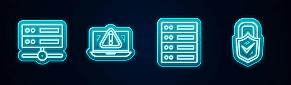 Set line Server, Data, Web Hosting, Laptop with exclamation mark, and Lock and Illustrazione stock