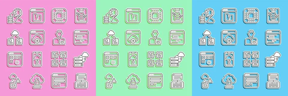 Set line Server, Data, Web Hosting, Network cloud connection, Software Stock Illustration