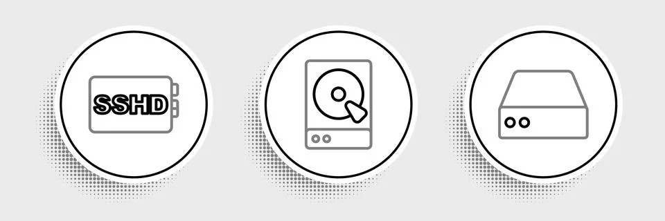 Set line Server, Data, Web Hosting, SSHD card and Hard disk drive HDD icon. V Illustrazione stock