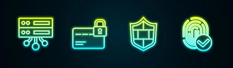 Set line Server, Data, Web Hosting, Credit card with lock, Shield brick wall  イラスト素材