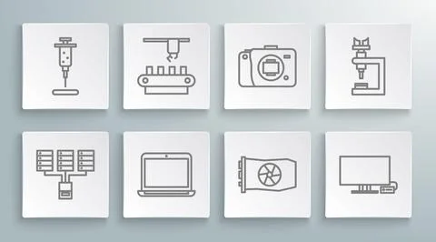 Set line Server, Data, Web Hosting, Factory conveyor system belt, Laptop, Vid Stock Illustration