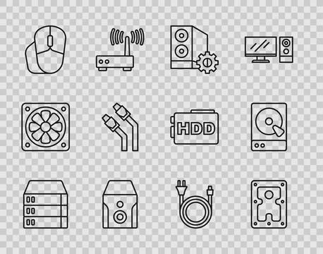 Set line Server, Data, Web Hosting, Hard disk drive HDD, Case of computer, Un Stock Illustration