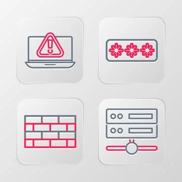 Set line Server, Data, Web Hosting, Firewall, security wall, Password protect Stock Illustration