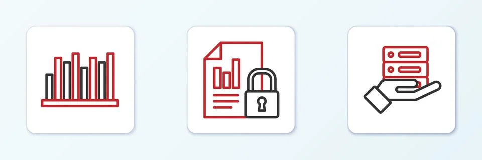 Set line Server, Data, Web Hosting, Pie chart infographic and Document and lo Illustrazione stock