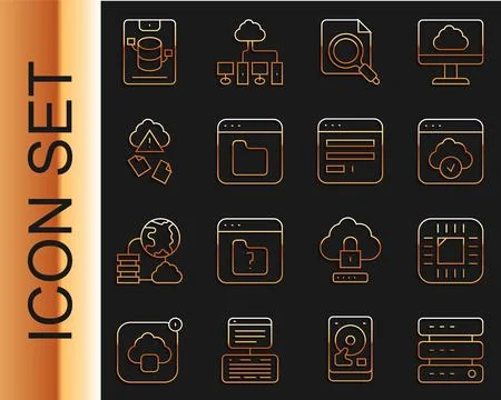 Set line Server, Data, Web Hosting, Processor with CPU, Cloud technology data Stock Illustration