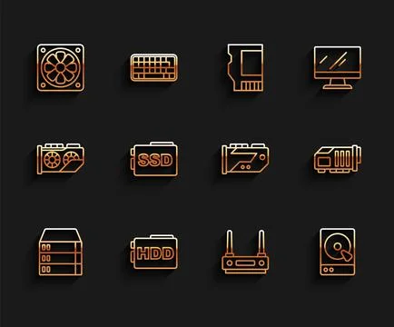 Set line Server, Data, Web Hosting, Hard disk drive HDD, Computer cooler, Rou Stock Illustration