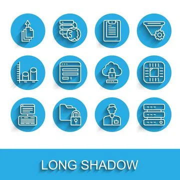 Set line Server, Data, Web Hosting, Folder and lock, export, Analyst engineer Stock Illustration