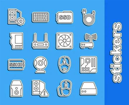 Set line Server, Data, Web Hosting, Motherboard digital chip, Router and wi-f Stock Illustration