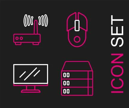 Set line Server, Data, Web Hosting, Computer monitor screen, mouse and Router Stock Illustration