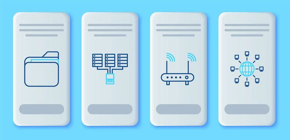 Set line Server, Data, Web Hosting, Router and wi-fi signal, Document folder and Illustrazione stock