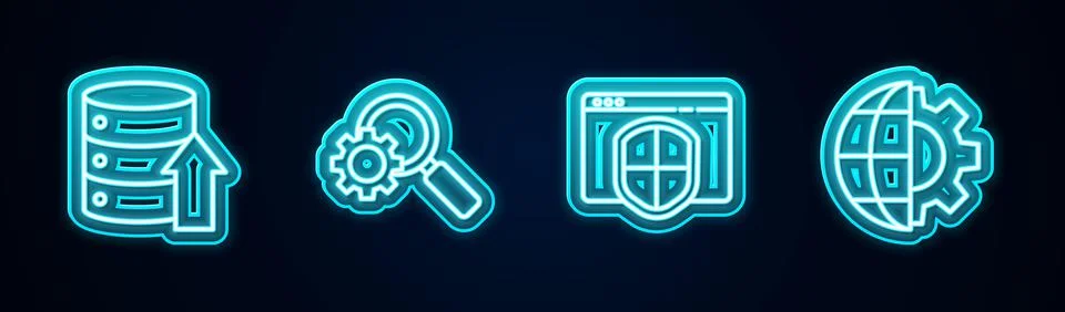 Set line Server, Data, Web Hosting, Magnifying glass and gear, Browser with s 스톡 일러스트