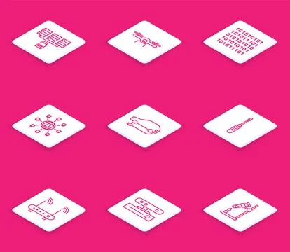 Set line Server, Data, Web Hosting, Drone flying, Binary code, Social network 스톡 일러스트