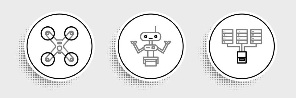 Set line Server, Data, Web Hosting, Drone flying and Robot icon. Vector イラスト素材