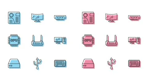 Set line Server, Data, Web Hosting, USB, Motherboard digital chip, Keyboard Stock Illustration