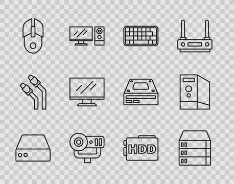 Set line Server, Data, Web Hosting, Keyboard, camera, Computer mouse, monitor Stock-Illustration