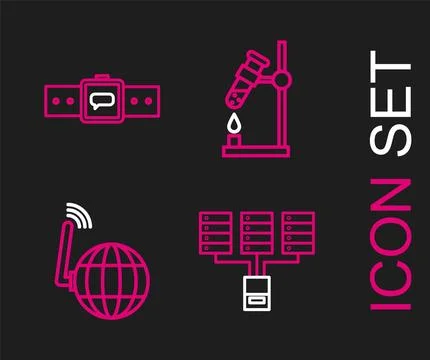 Set line Server, Data, Web Hosting, Social network, Test tube flask on fire and Illustrazione stock