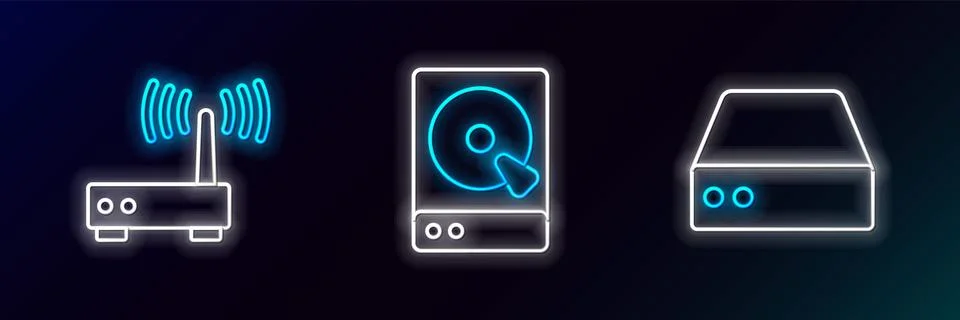 Set line Server, Data, Web Hosting, Router and wi-fi signal and Hard disk drive Stock Illustration