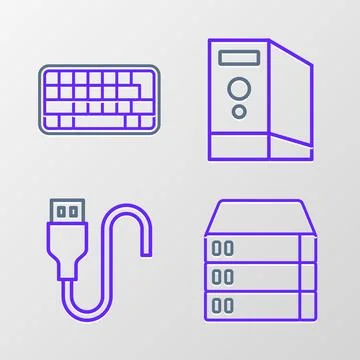 Set line Server, Data, Web Hosting, USB cable cord, Case of computer and Illustrazione stock