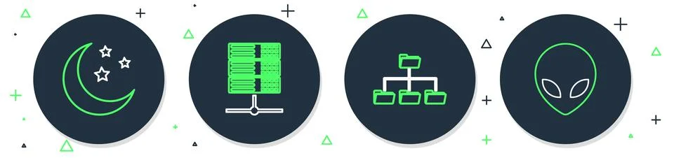 Set line Server, Data, Web Hosting, Folder tree, Moon and stars and Alien icon Stock Illustration
