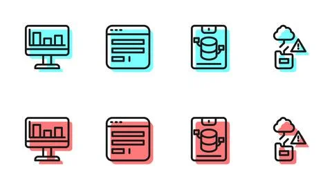 Set line Server, Data, Web Hosting, Monitor with graph chart, Browser window and Stock Illustration