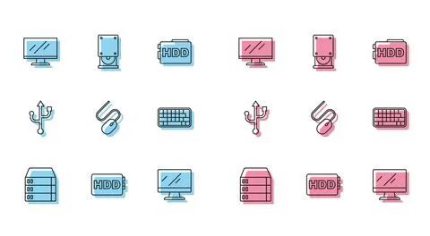 Set line Server, Data, Web Hosting, Hard disk drive HDD, Computer monitor screen Illustrazione stock