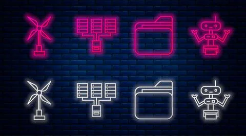 Set line Server, Data, Web Hosting, Document folder, Wind turbine and Robot Stock Illustration