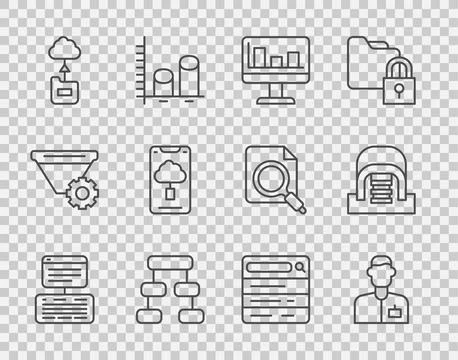 Set line Server, Data, Web Hosting, Analyst engineer, Monitor with graph chart Stock Illustration