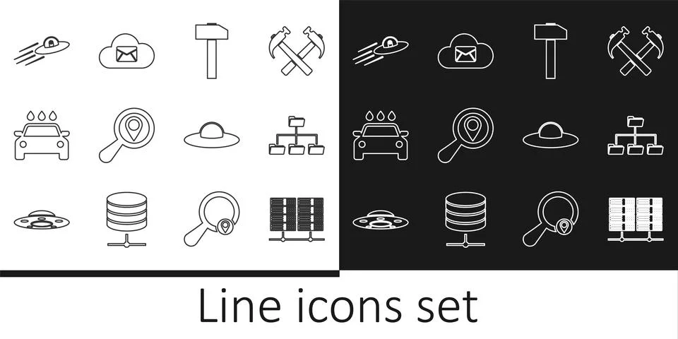 Set line Server, Data, Web Hosting, Folder tree, Hammer, Search location, Car Stock Illustration