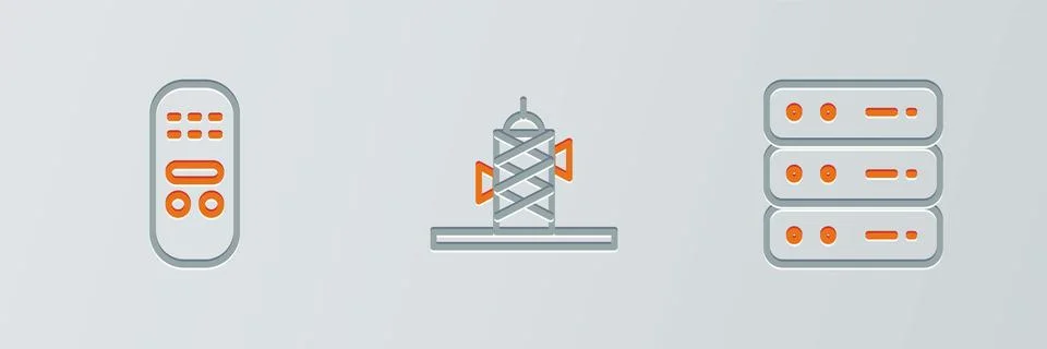 Set line Server, Data, Web Hosting, Remote control and Antenna icon. Vector Stock Illustration