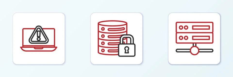 Set line Server, Data, Web Hosting, Laptop with exclamation mark and security Stock Illustration