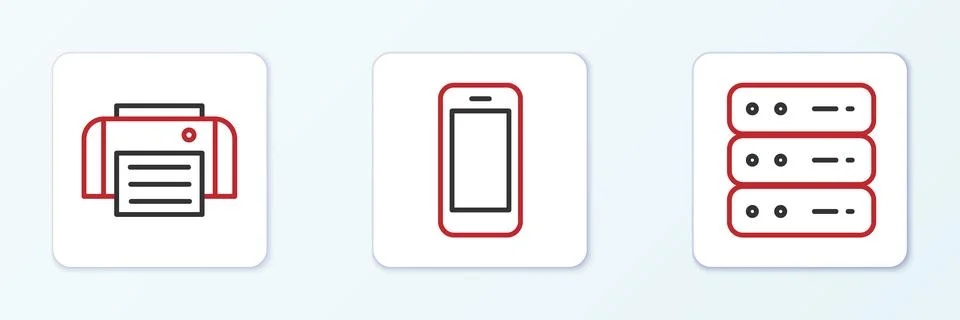 Set line Server, Data, Web Hosting, Printer and Smartphone icon. Vector Stockillustratie