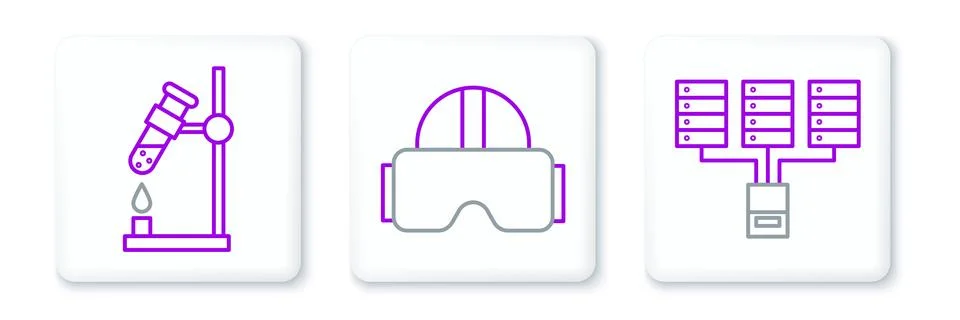 Set line Server, Data, Web Hosting, Test tube flask on fire and Virtual reality Stock Illustration